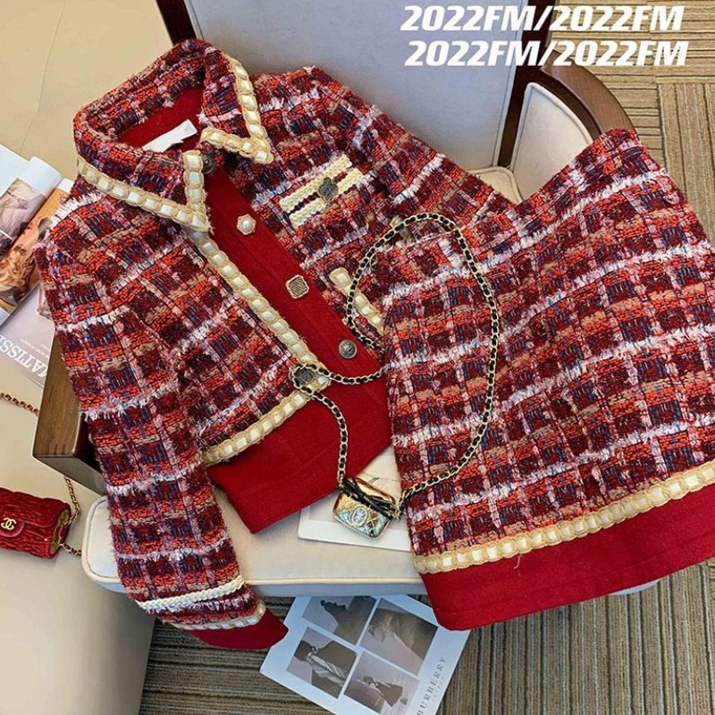 Winter Clothing Outfits - Kobiety elegancki Tweed czerwony garnitur Jackert